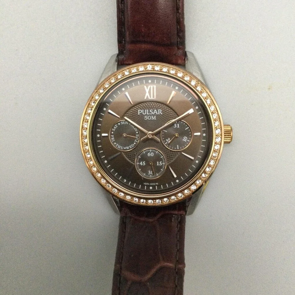 Pulsar Womens Watch 38mm Brown Dial Multi Day Date Crystal Bezel New Battery